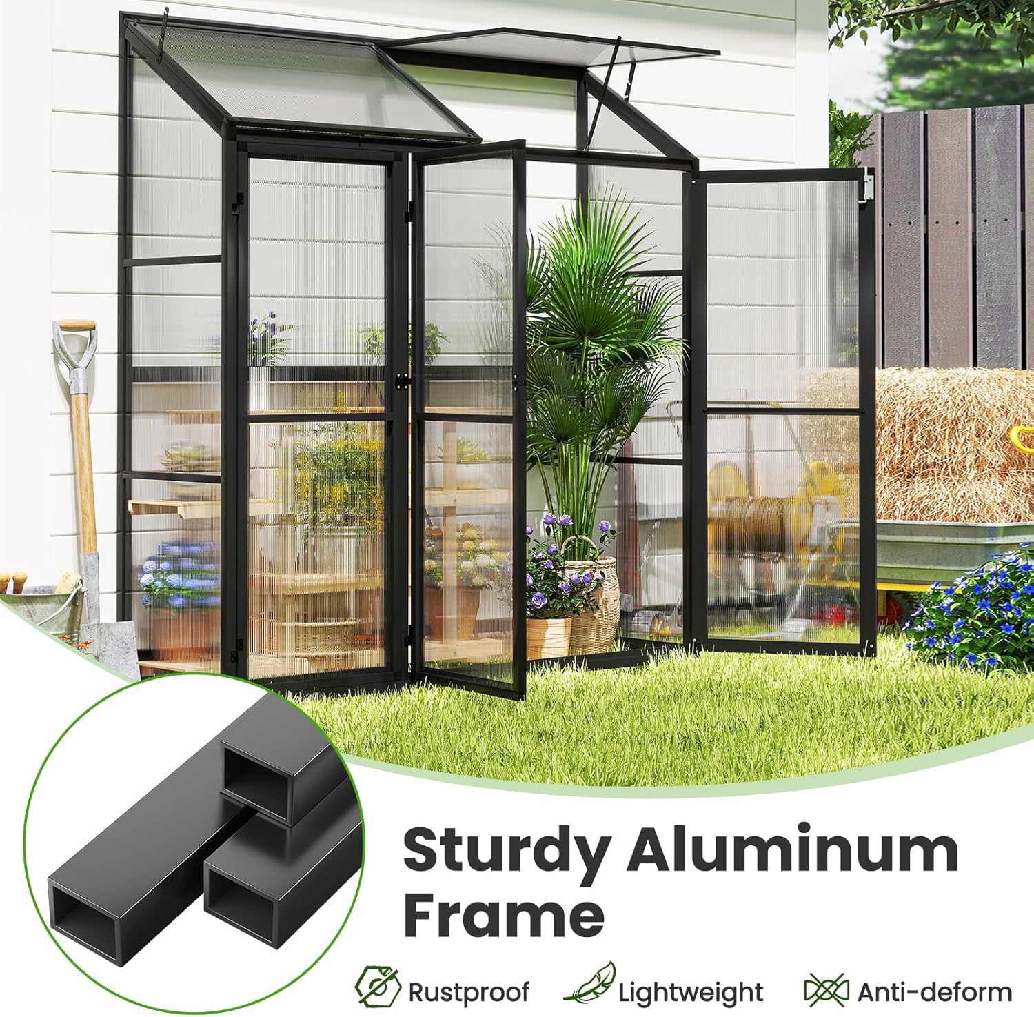 HOMASIS Gewächshaus mit 3 Ablagen, Anlehngewächshaus Tomaten mit 3 Türen & 2 Oberlicht, Aluminium Frühbeet Pflanzenhaus Winterfest, 180x52x190cm, Teibhaus Gartenhaus für Garten & Balkon, Schwarz