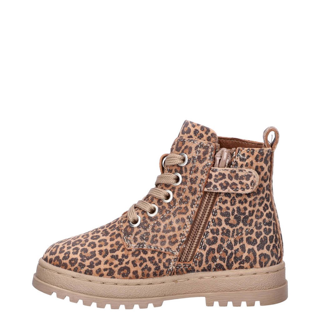 Nelson Kids nubuck veterboots met panterprint brons cognac/zwart