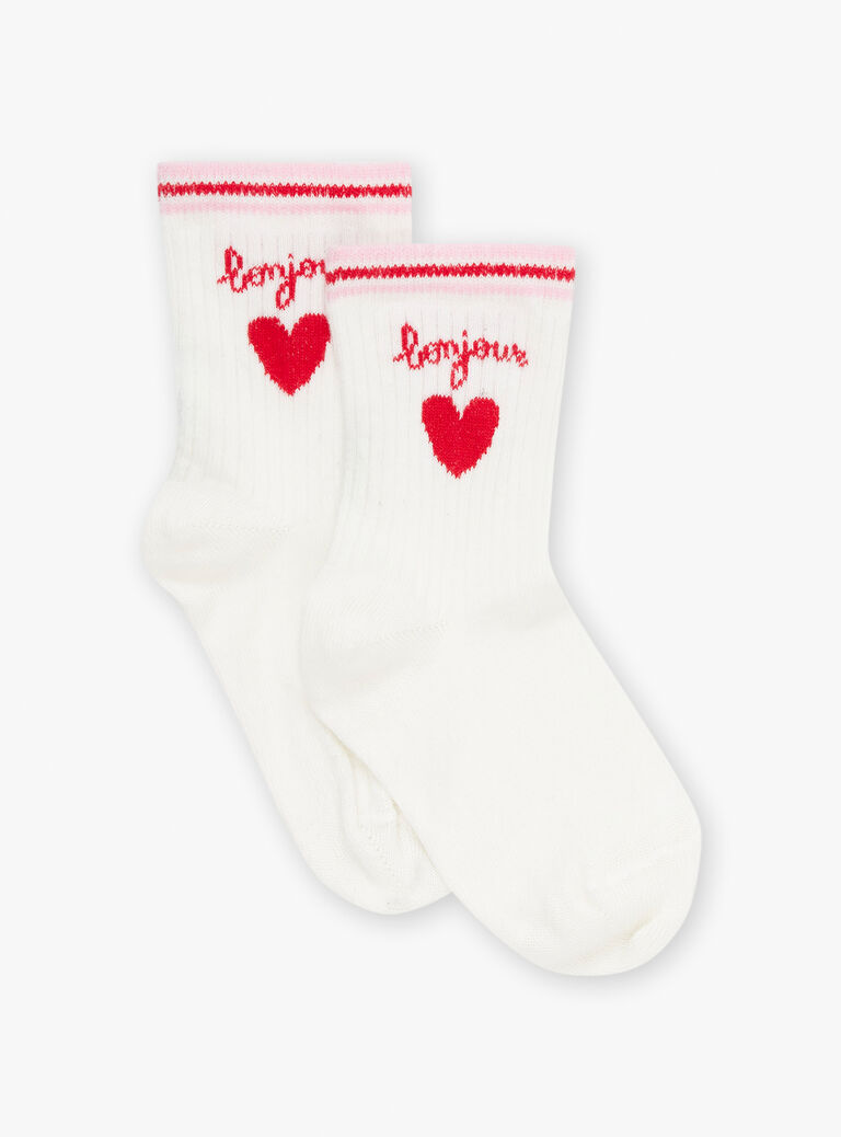 Chaussettes écrues et rouges en jacquard à motif coeur