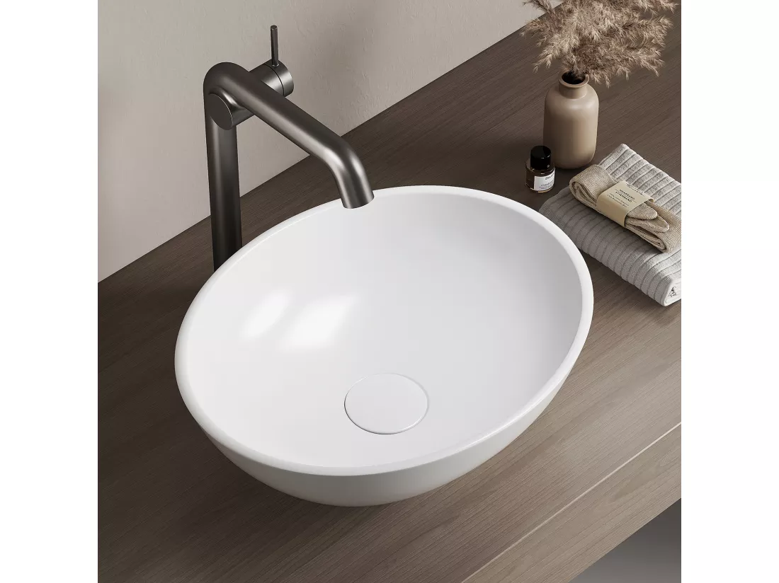 EMKE Vasque à Poser en céramique 41,5×33,5×13cm, Lavabo salle de bain Ovale, Lavabo à poser blanc brillant