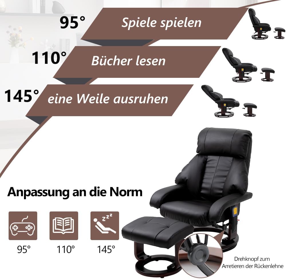 Mingone Massagesessel mit Wärmefunktion Fernsehsessel mit Hocker Relaxsessel mit Liegefunktion Elektrisch TV-Sessel für Wohnzimmer 360°Drehbar Kunstleder Schwarz