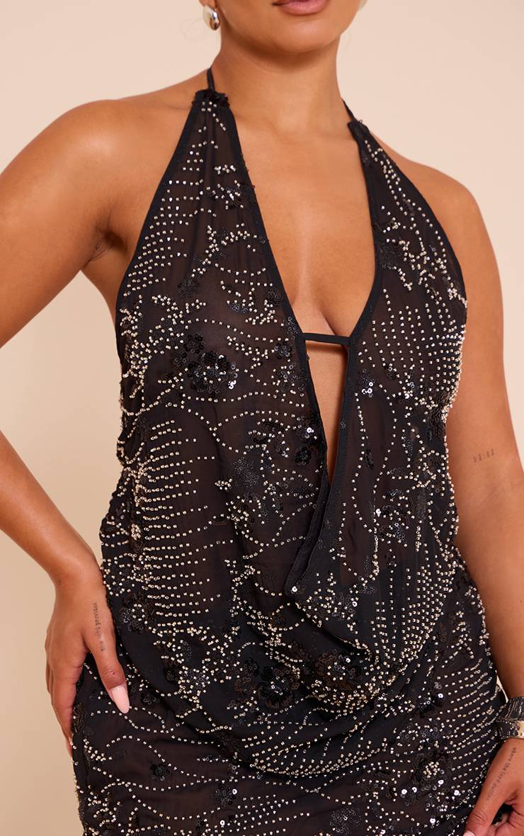 Noir Top Col Bénitier À Sequins Floraux Et Encolure Américaine Shape