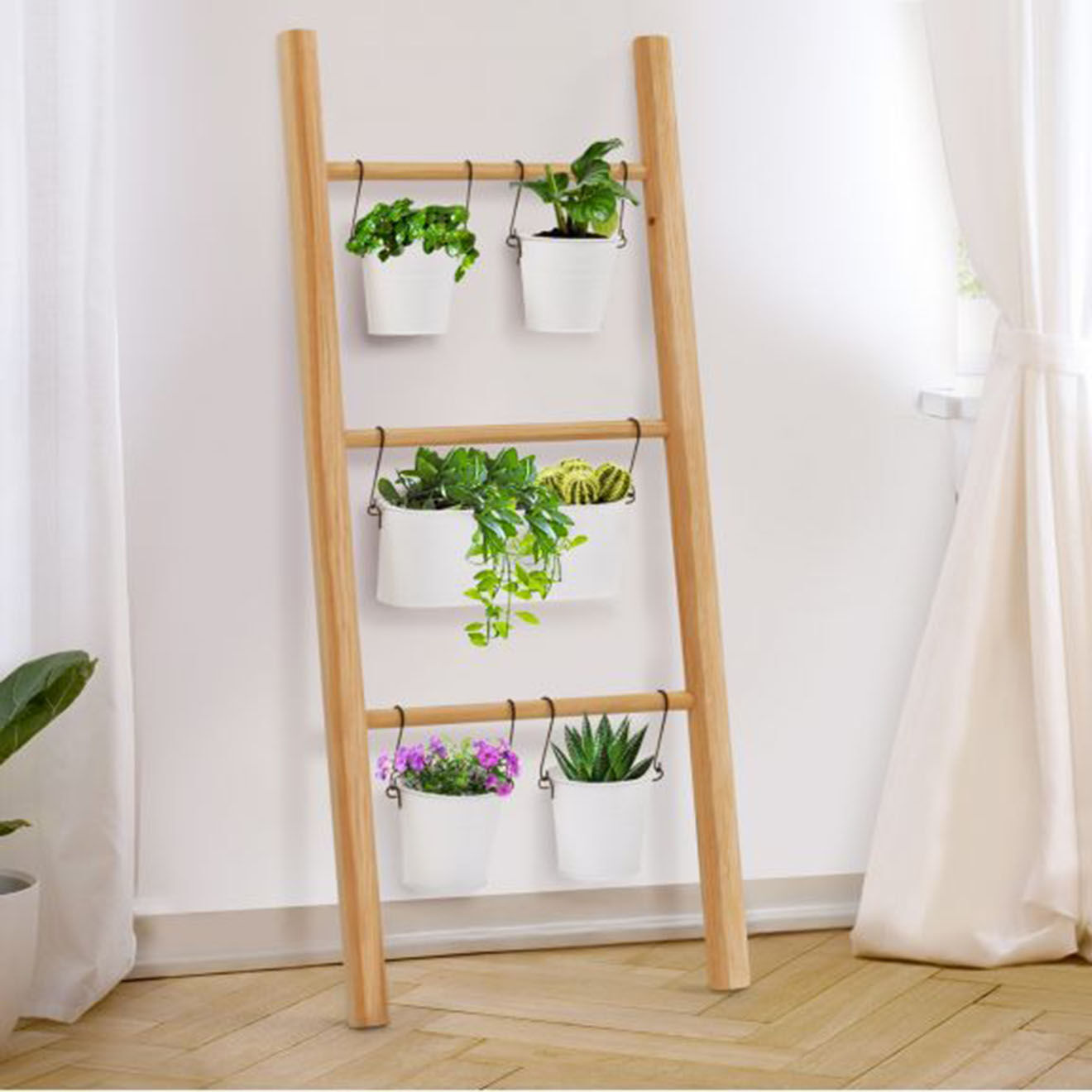 Pratik Garden Echelle bois déco avec 5 pots - 43x4x100 cm