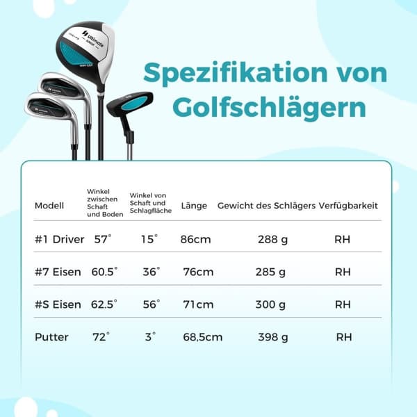 4-delt barnegolfkøllesett med golfbag og regntrekk for barn i alderen 8-10 år blå