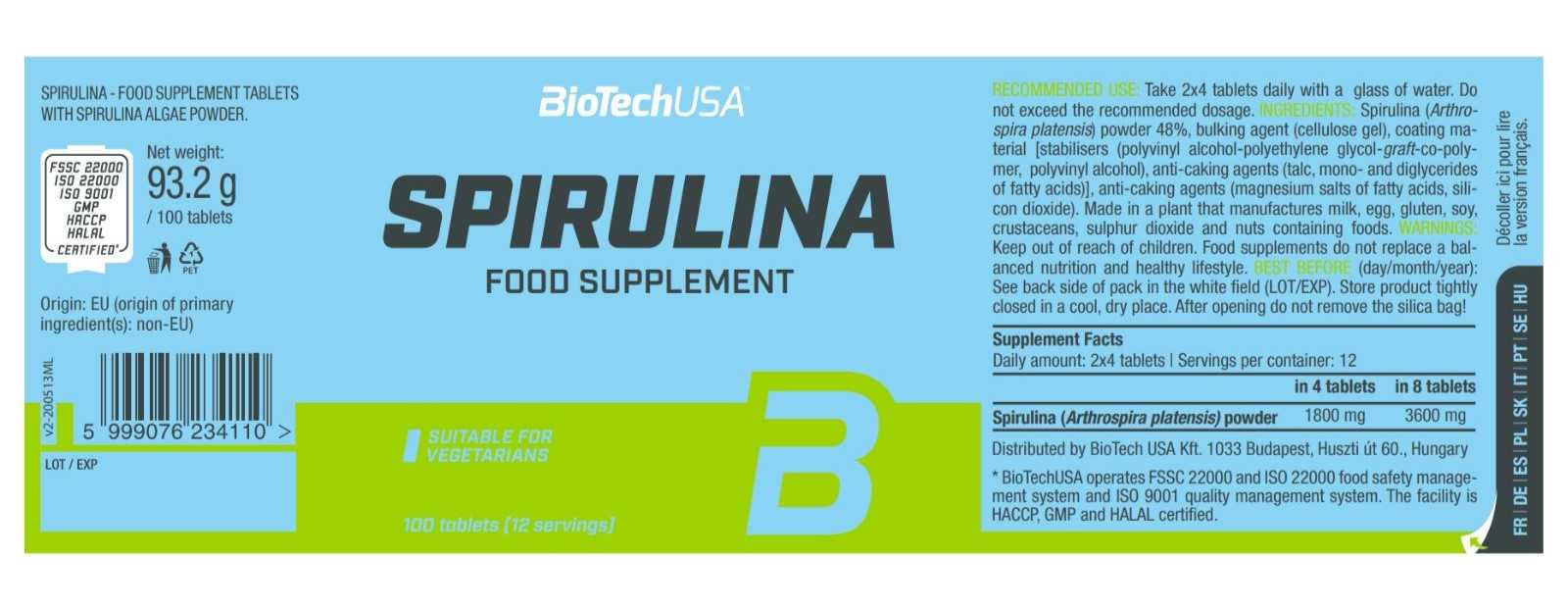 Comprimidos de Spirulina Biotech USA, 100 unidades