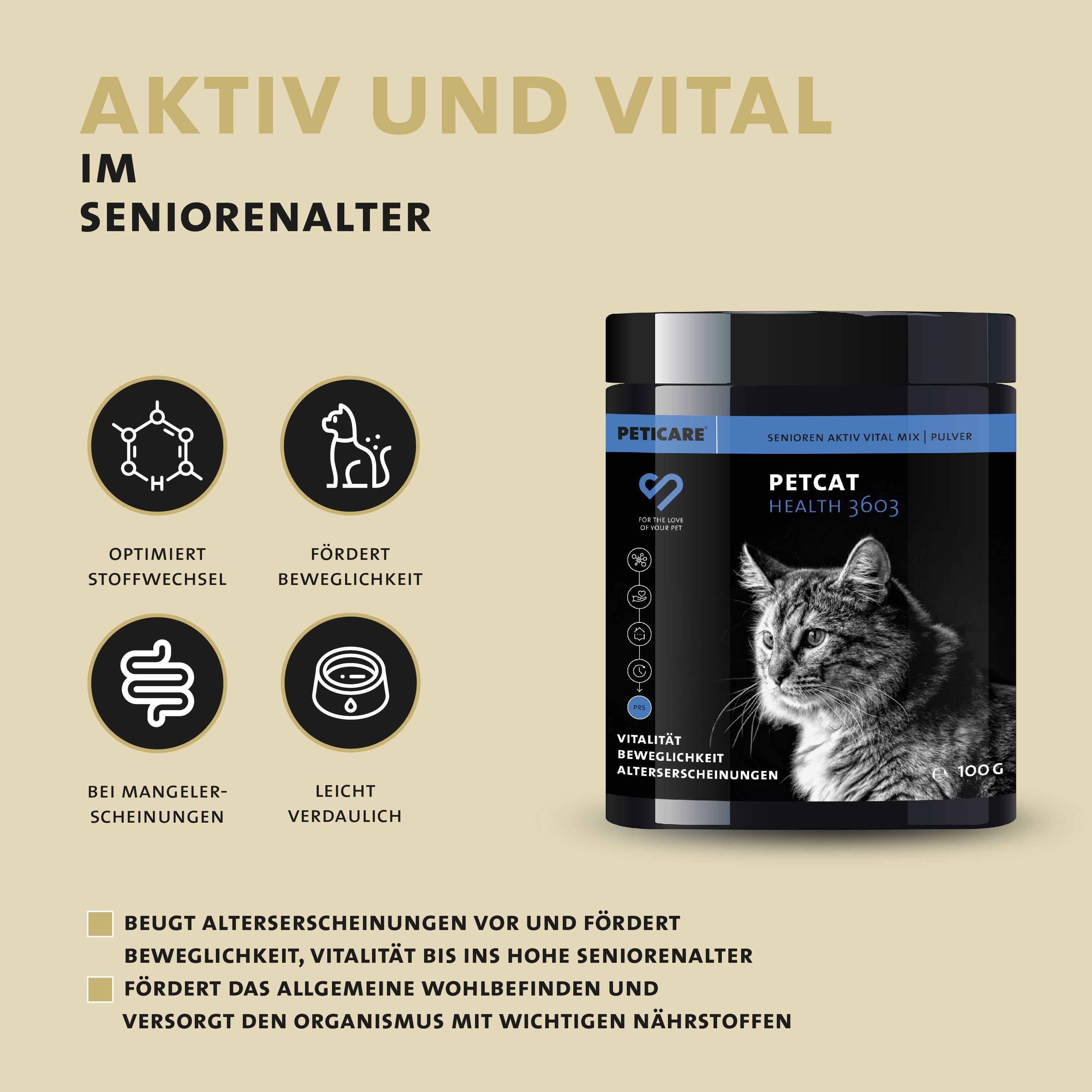 Peticare Senior Pulver für Katzen, fördert Vitalität & Beweglichkeit im Alter