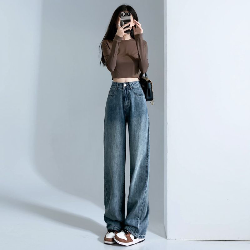 Denimot - Hoge taille fleece gevoerde gewassen rechte jeans (verschillende designs)