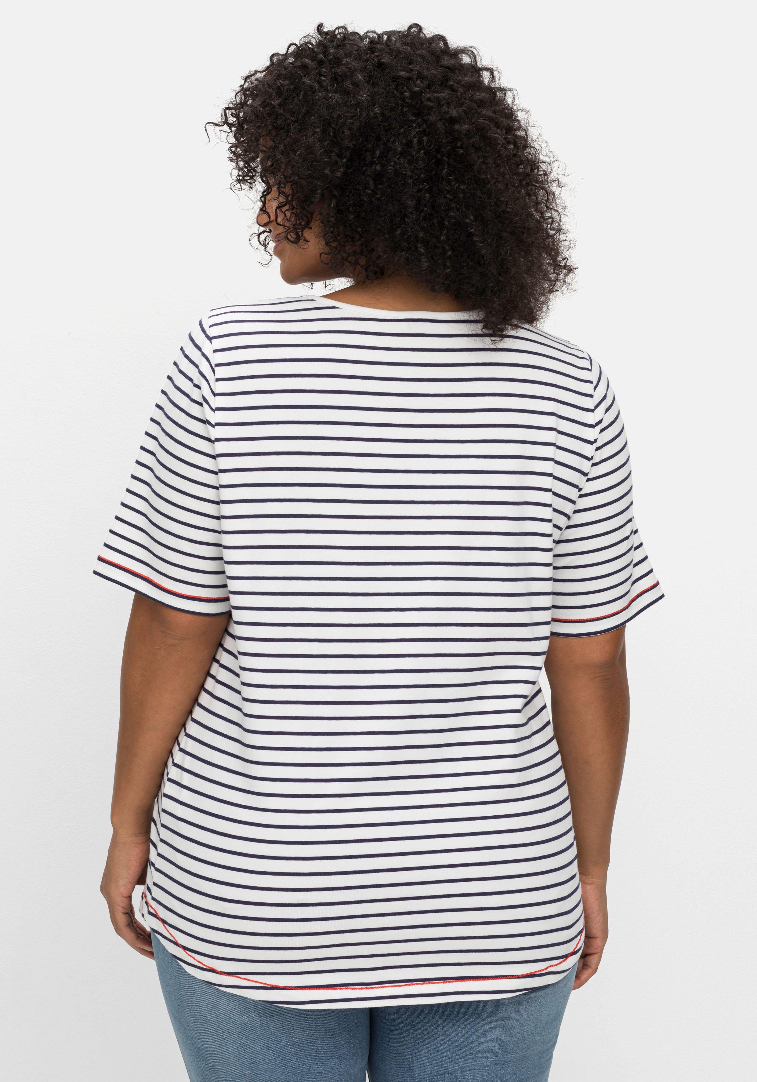 Ringelshirt mit floralem Druck und Kontrastnähten