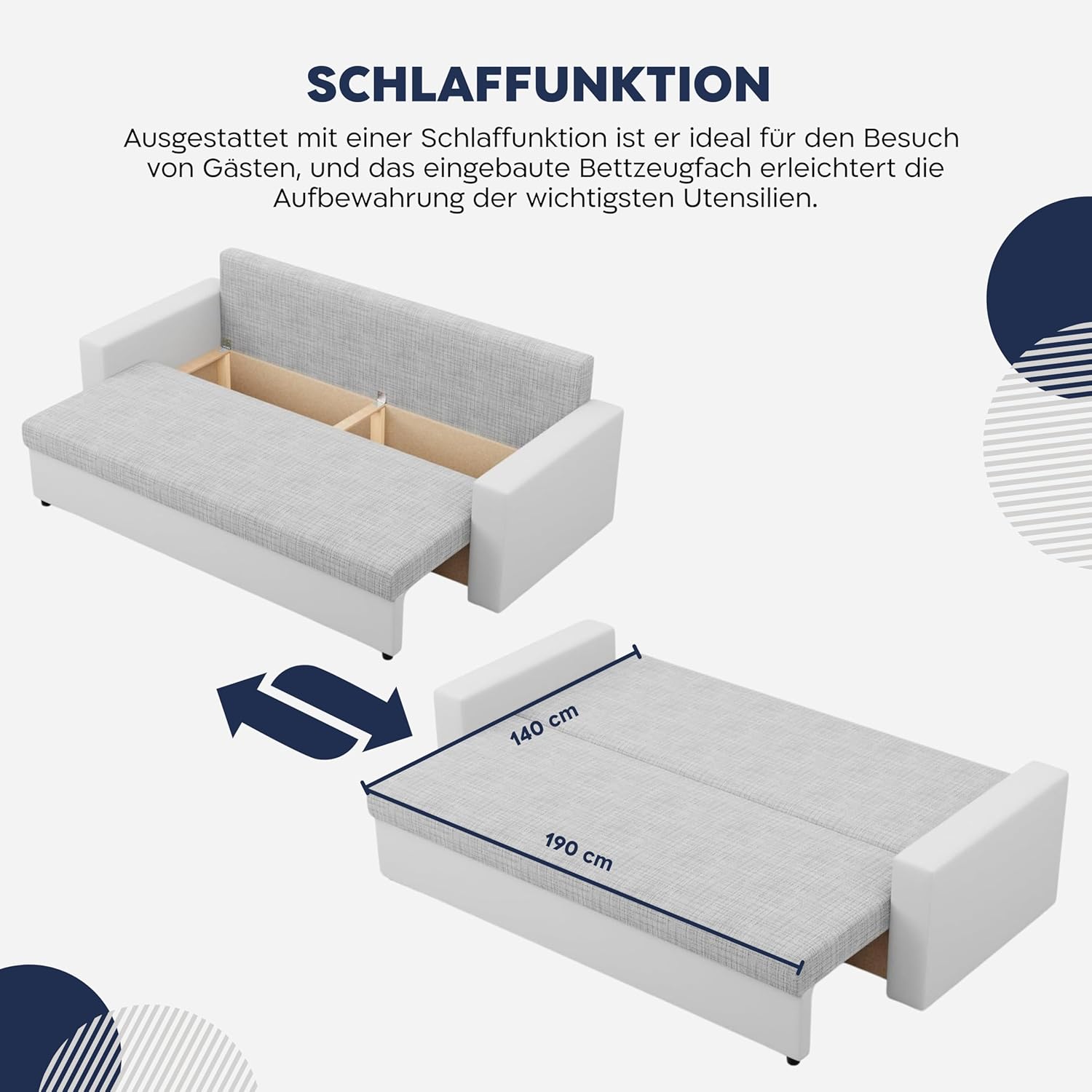 Mebligo - Sofa Dreisitzer Wohnzimmer mit Schlaffunktion, Bettkasten und Kunsteleder 220x92x92 (BxHxT) Grau und Weiß Luna, Schlafsofa Platzsparend, Schlafcouch, Sofabett, Sofa Bed, Bettsofa