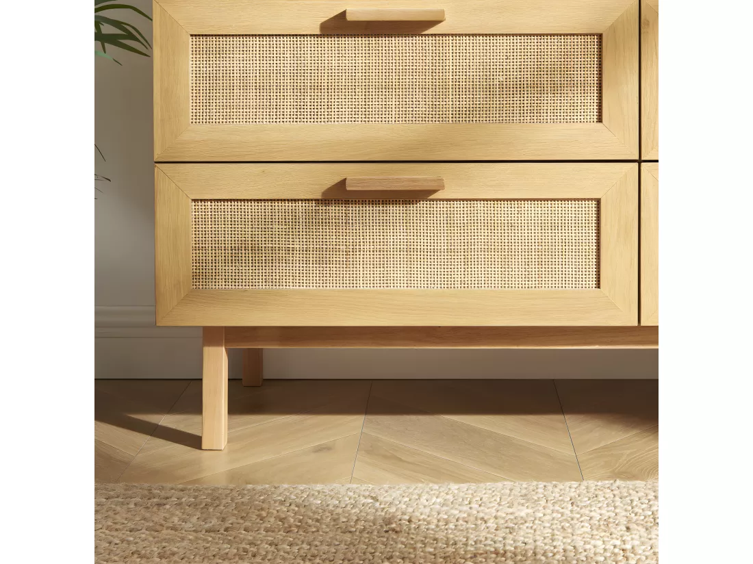 June - Commode 6 tiroirs en bois et cannage L130cm - Bois clair