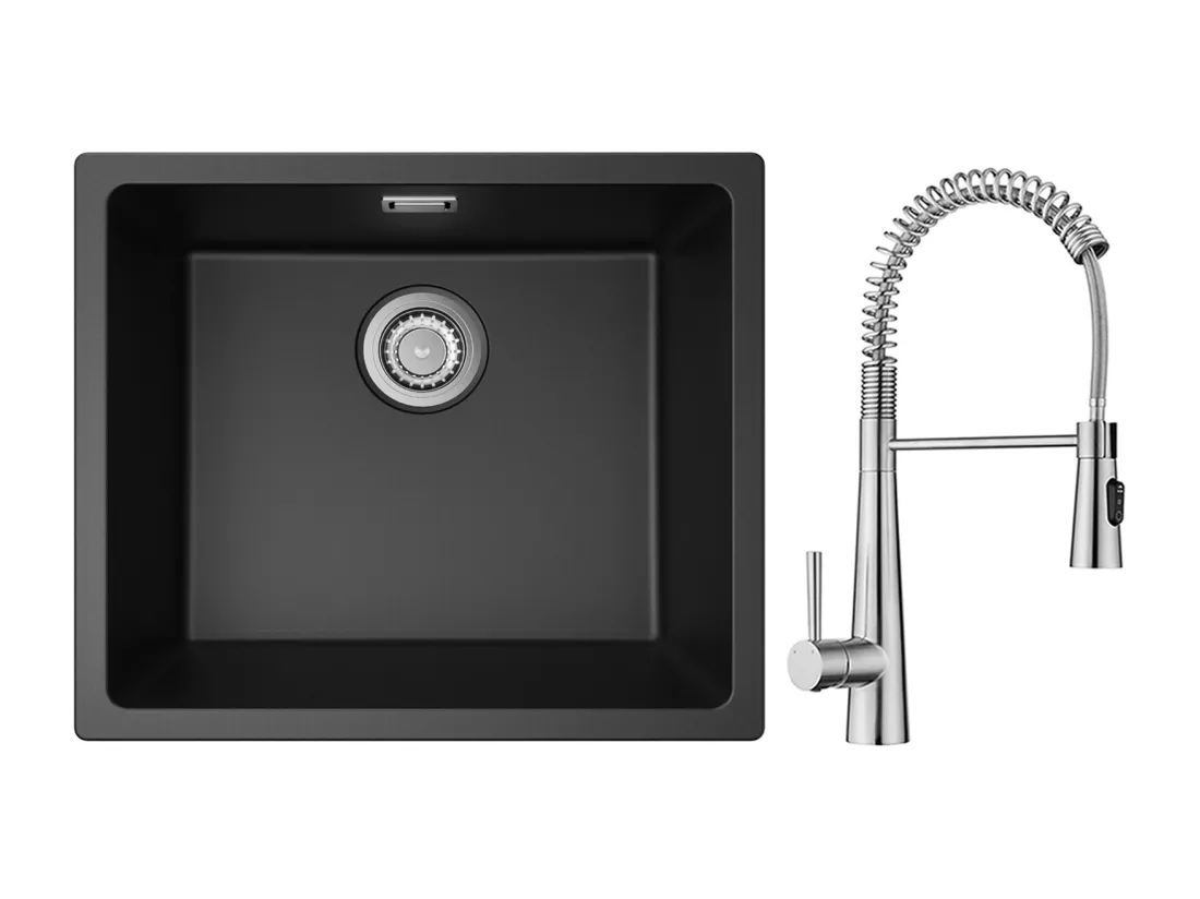 CECIPA MAX Evier 1 Bac en Quartz et Résine Noir Gris 50*44*20cm + Mitigeur de Cuisine à Ressort avec 3 Modes de Sortie D'eau, Brossé