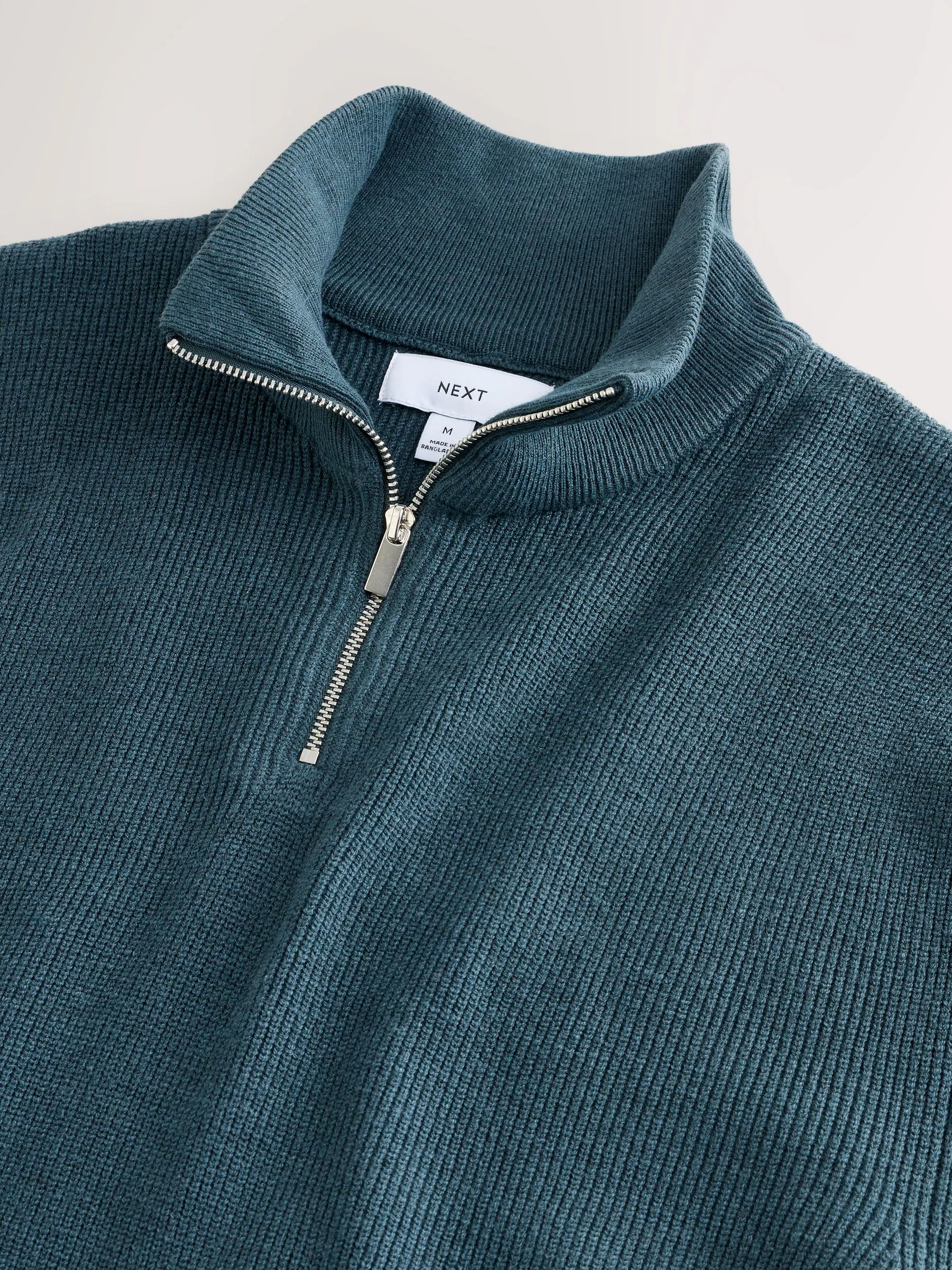 Blauwgroen - Essential geribbelde trui met korte rits en Regular fit