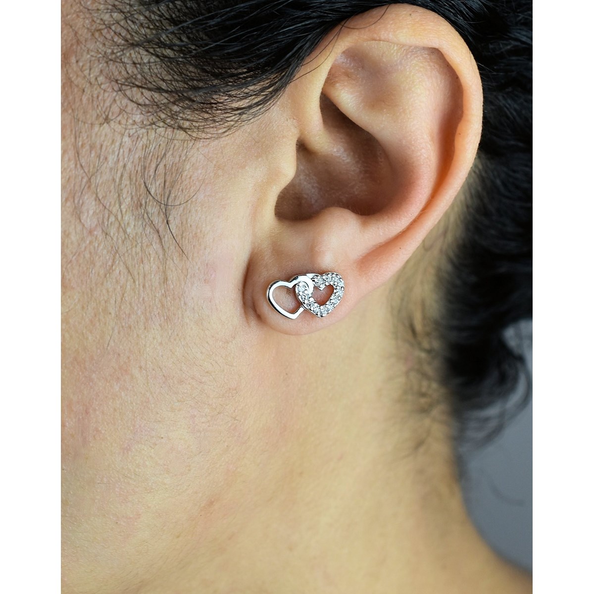 Boucles d'oreilles 2 coeurs enlacés oxyde de zirconium Argent 925 Rhodié