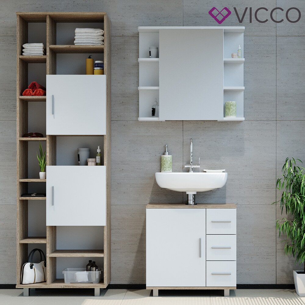 VICCO Badmöbel Set ILIAS Weiß Eiche Bad Spiegel Kommode Unterschrank Badschrank