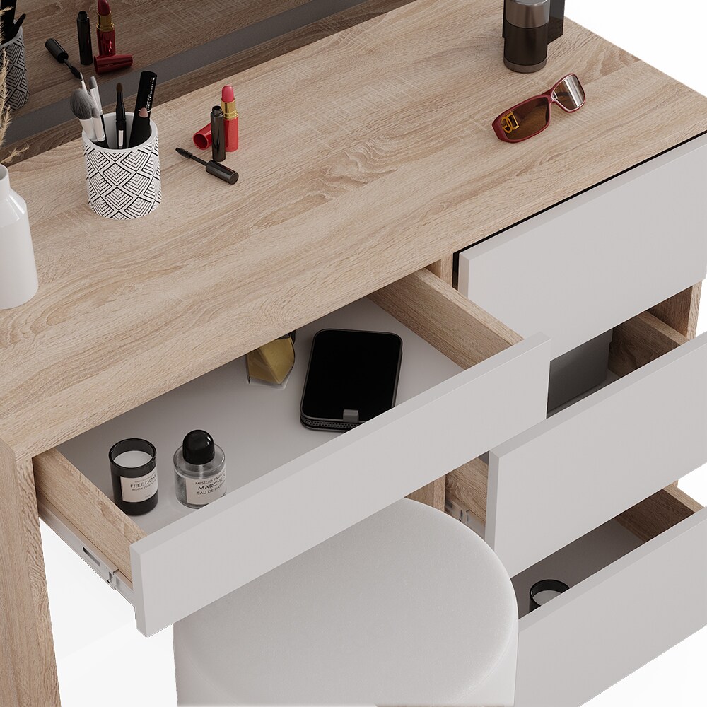 Vicco Schminktisch Sherry Sonoma Weiß 90 x 75 cm LED-Spiegel & Hocker modern