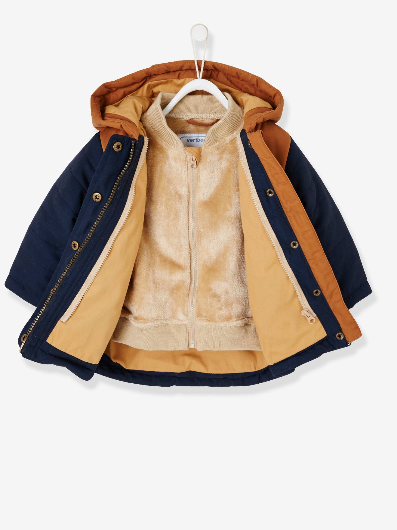Parka 3 em 1 para bebê menino com jaqueta removível de malha azul-escura lisa.