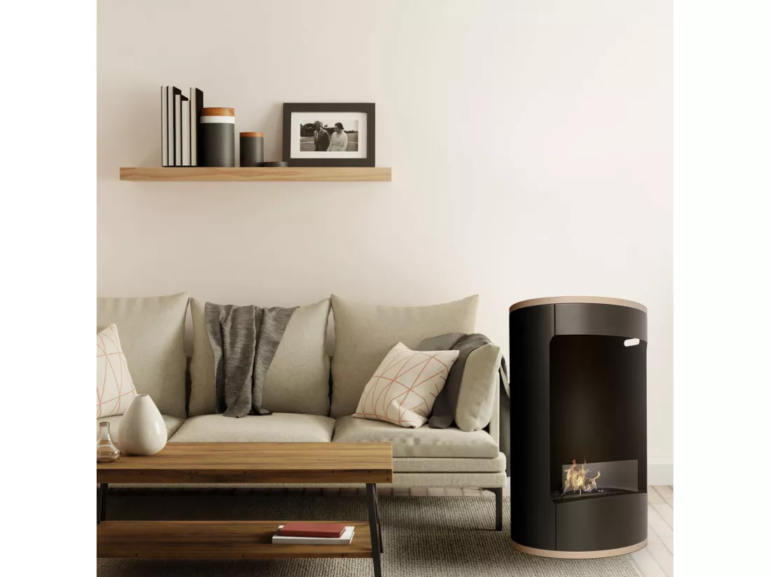 Ottaviano - Cheminée au bioéthanol de sol avec double étagère en bois mélaminé, ø 40xH67,5 cm couleur noir
