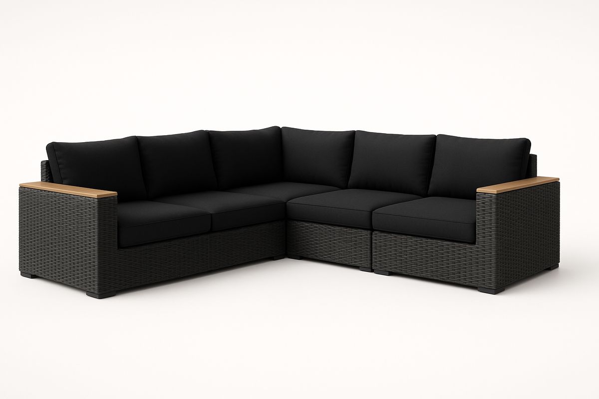 Ecksofa Rattan Schwarz mit Holzarmlehnen