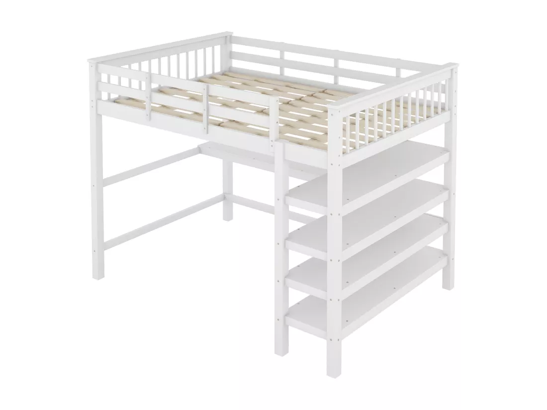 Lit mezzanine 140x200cm en bois - avec bureau et étagère de rangement - Blanc