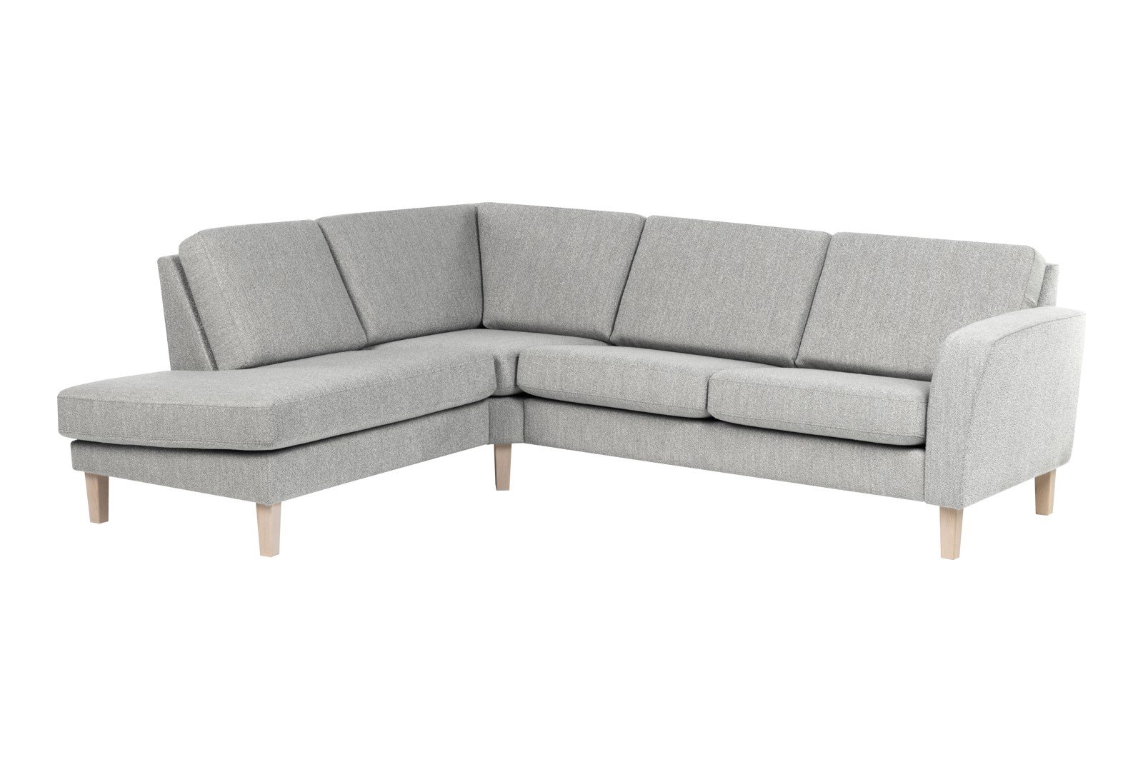 Slogen hjørnesofa Oppsett AV. 2,5-seter med åpen ende venstre. Tekstil Viva Silver med standard ryggpute. Vange A og hvitpigmentert ben 178.