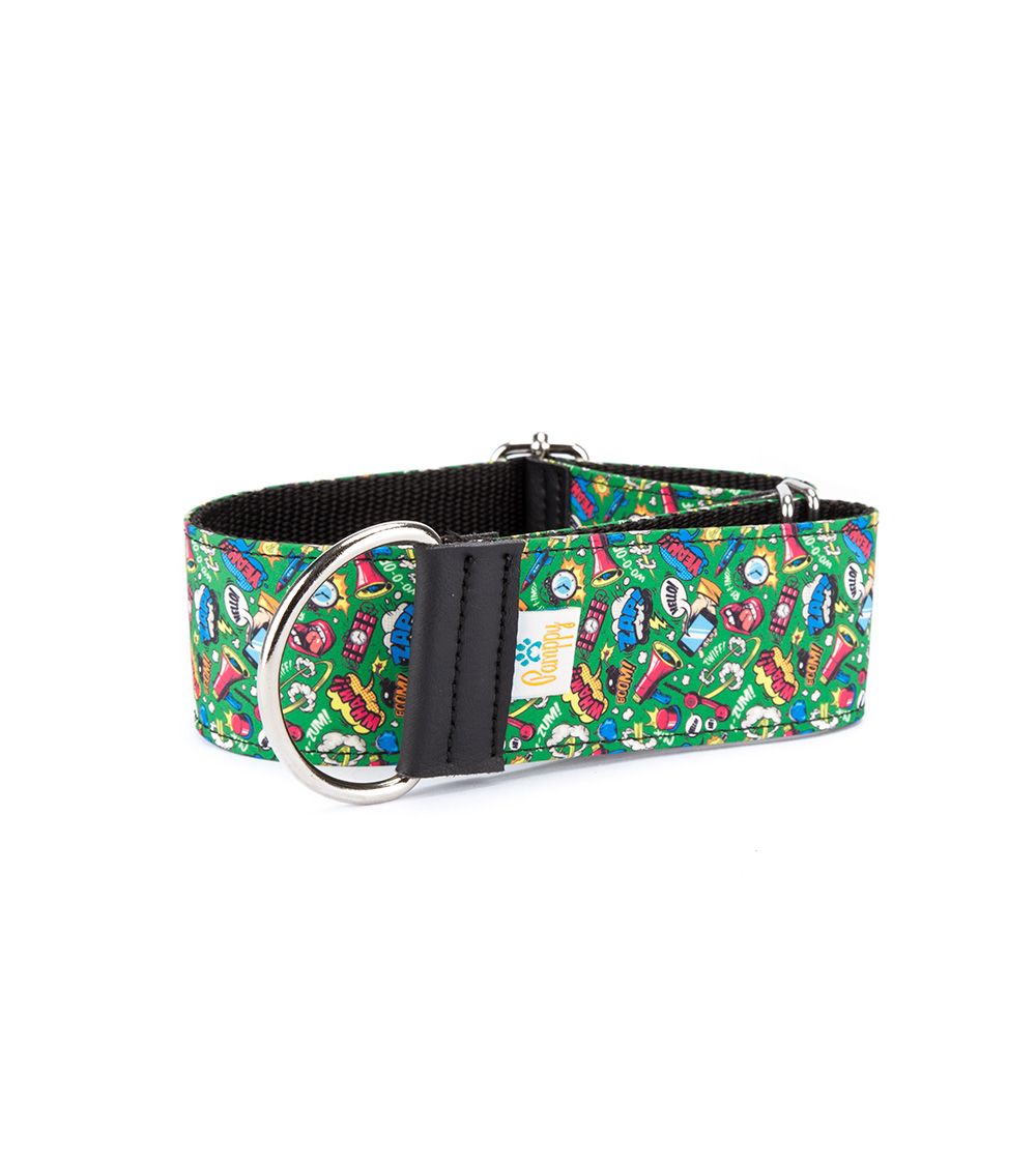 Coleira ajustável Pappy Galgo Speedy com estampa de boca em quadrinhos, verde, para cães.