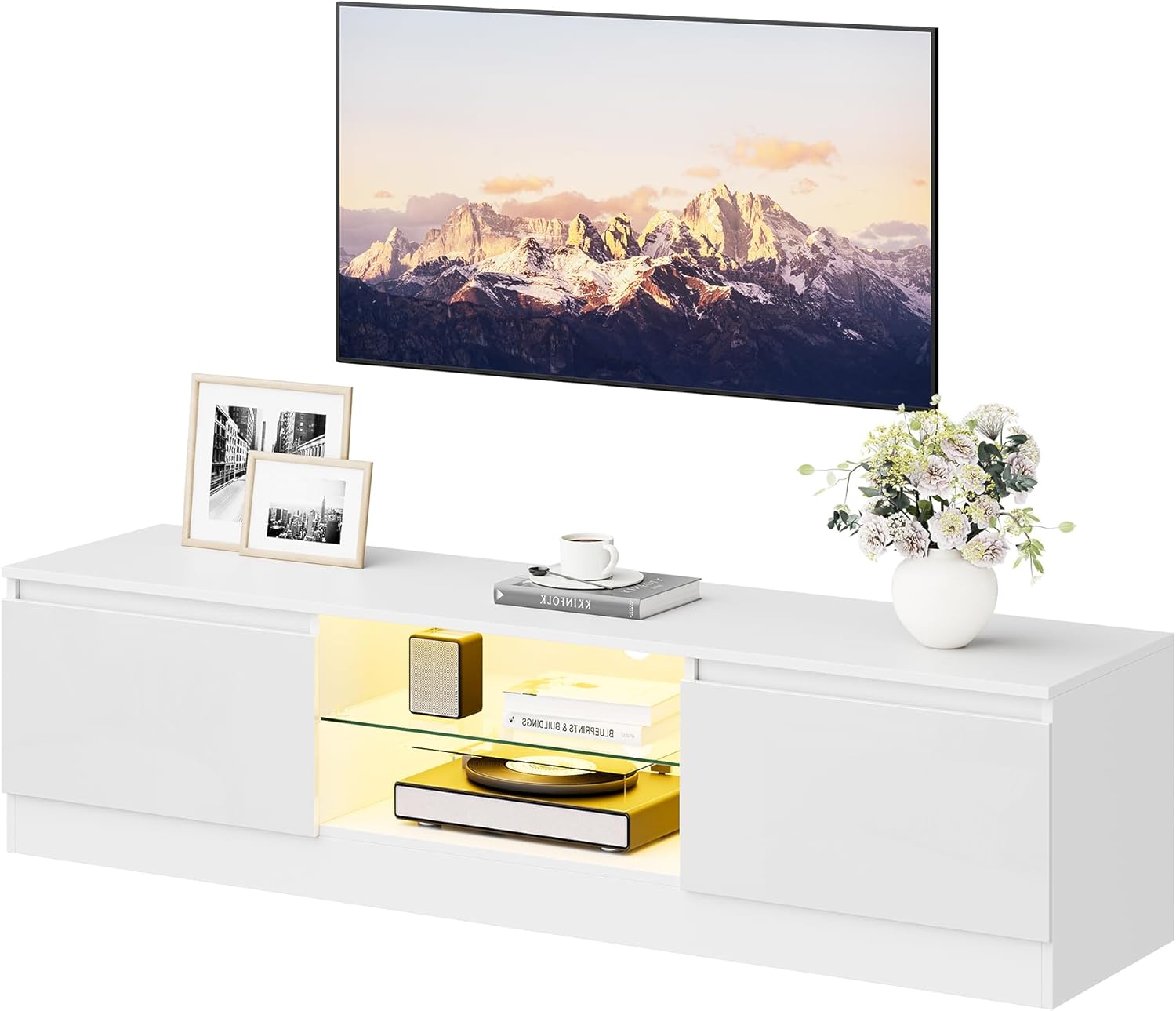 TV Schrank mit 16 Farben LED Beleuchtung und 2 Türen, 160 cm Lang, TV Board, Lowboard Stehend für Fernseher bis zu 70 Zoll, Fernsehtisch für Schlafzimmer, Wohnzimmer, Esszimmer (Weiß)