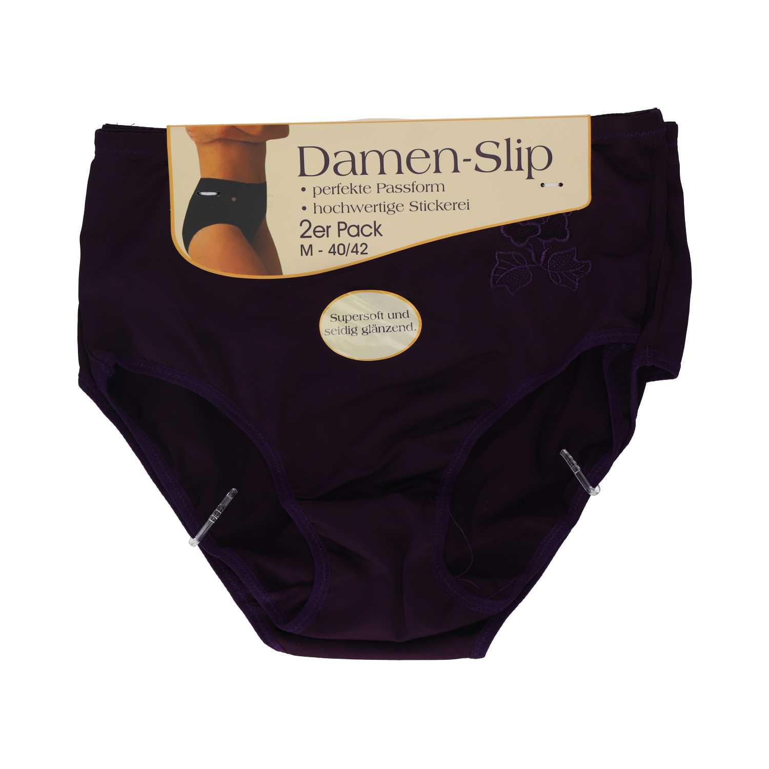 Damen Slip Microfaser mit Stickerei Gr. 40/42–52/54 unifarben 2er 4fach