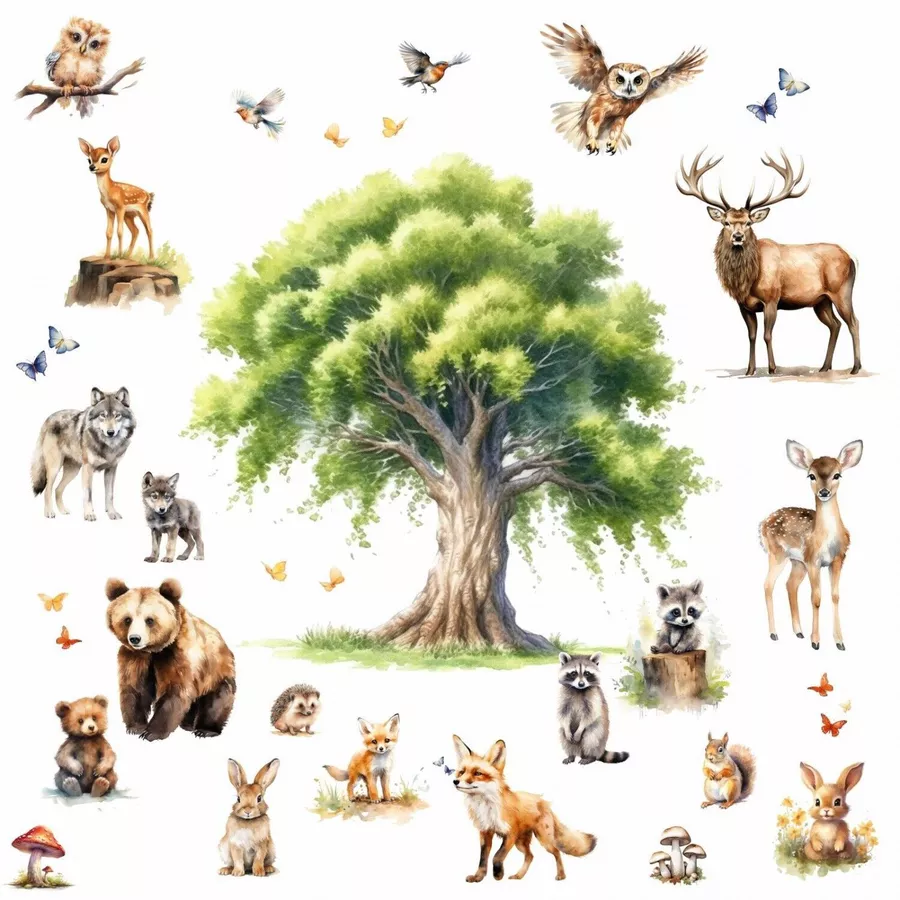 Nikima Wandtattoo 247 Wandtattoo Waldtiere Aquarell Baum Kinderzimmer Wanddeko bunt