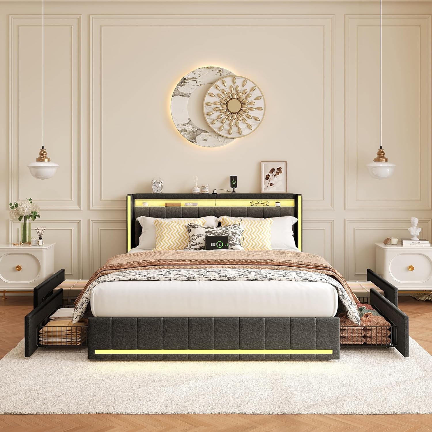 Polsterbett 180x200 mit LED, Doppelbett mit 4 Schubladen Stauraum und Kopfteil, Stauraumbett Jugendbett mit USB & Type-C, Bettgestell mit Lattenrost,Leinen in Dunkelgrau, Ohne Matratze