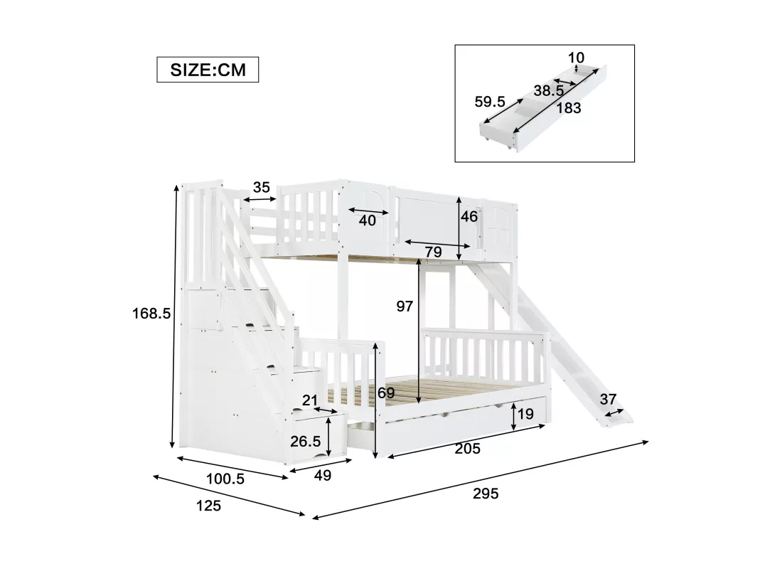 Lit superposé enfant 90x200 cm - avec fenêtre - avec toboggan enfant - tiroirs sur roulettes - escalier avec rampes - bois massif + MDF - blanc (sans matelas)