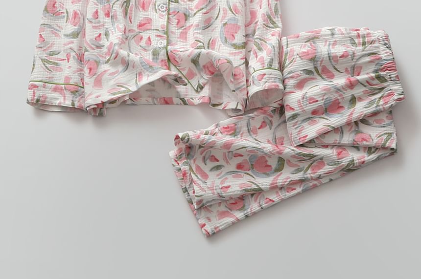 Finlies - Pyjamaset: shirt met lange mouwen, kraag en bloemenprint + rechte broek met elastische taille