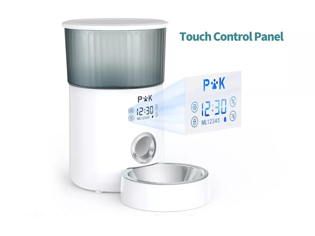 p&k M80 LCD Distributeur de Croquettes 4L pour Chats/Chiens, avec Bol en Acier Inoxydable Fonction d'enregistrement 5 Repas par Jour , Blanc