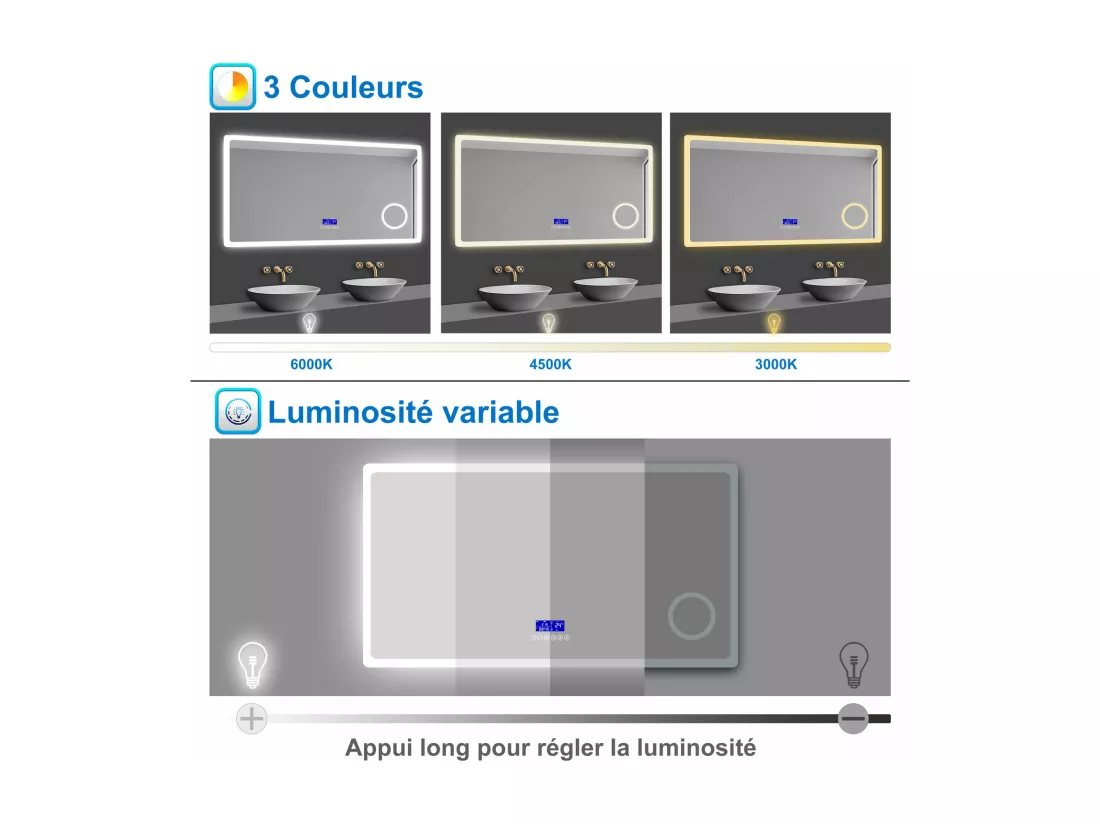 AICA Miroir salle de bain LED Bluetooth,80x60cm,grossissement 3X,horloge,dimmable 3 Couleurs avec anti-buée et mémoire