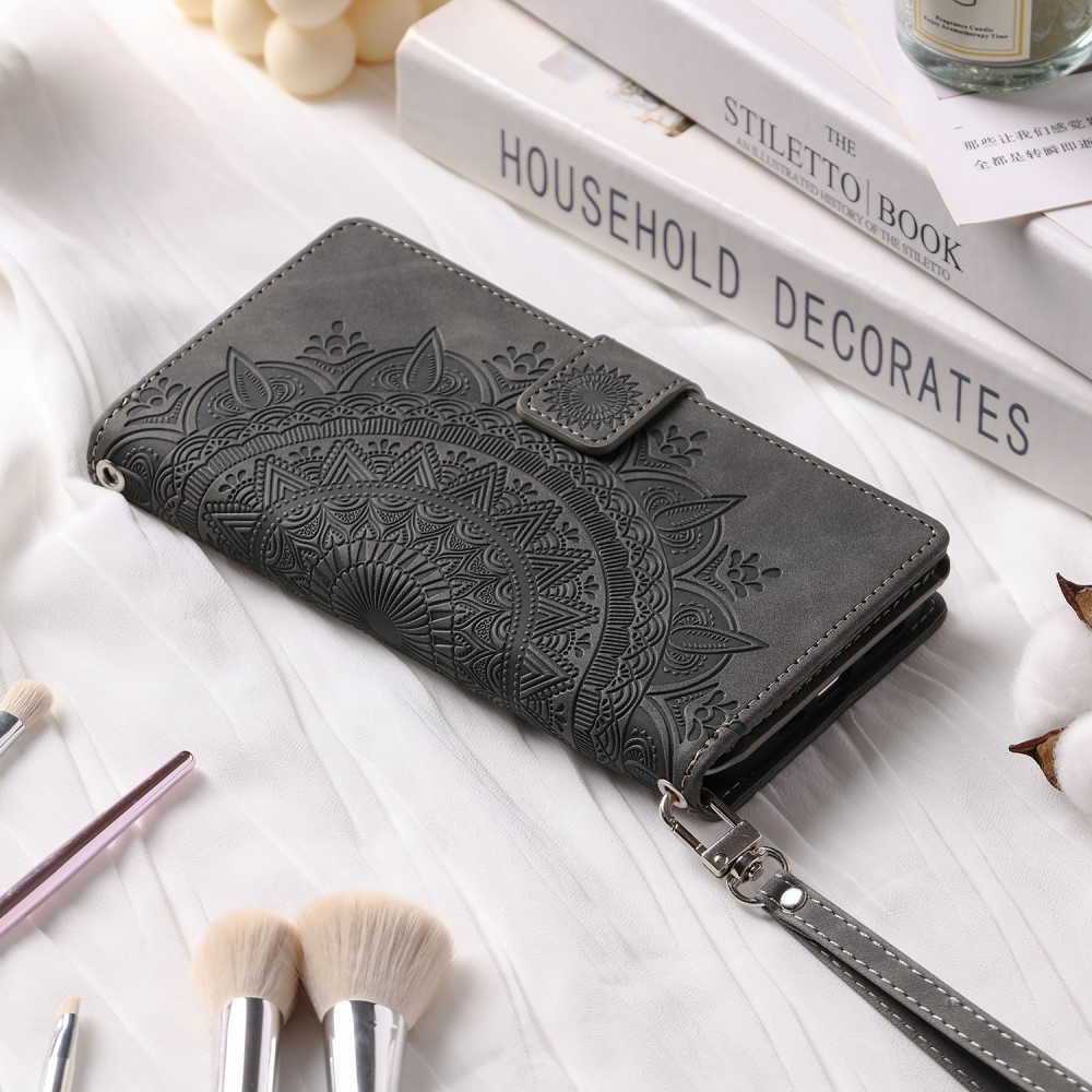 Samsung Galaxy A54 5G Leder Tasche Flip Cover mit Reissverschluss - Mandala Flowers Imprint - Grau