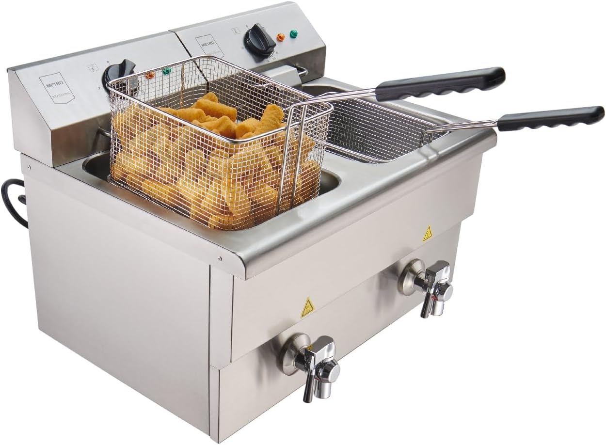 METRO Professional Doppel Fritteuse GDF5028, Edelstahl, 2 x 8 L, mit Ablasshahn und Deckel, abnehmbares Bedienfeld, silber