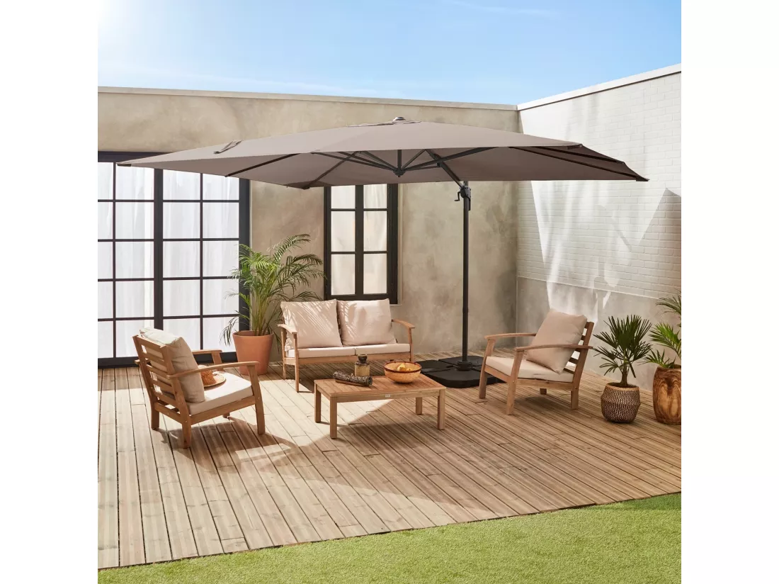 Parasol déporté rectangulaire 3x4m – Antibes – taupe – parasol déporté. inclinable. rabattable et rotatif à 360°