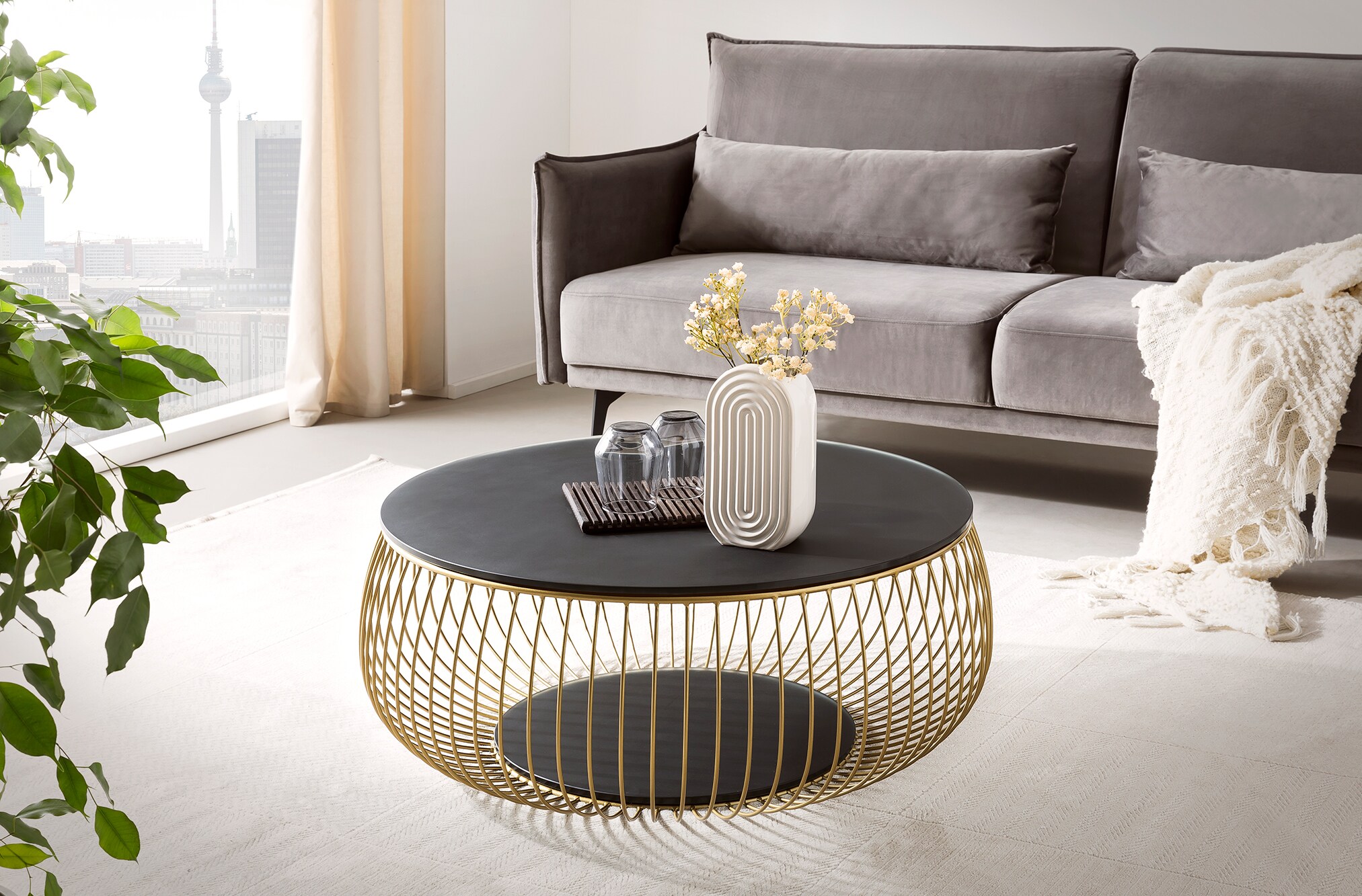 Couchtisch Ø 80cm schwarz gold Glastisch Beistelltisch Sofatisch Wohnzimmertisch