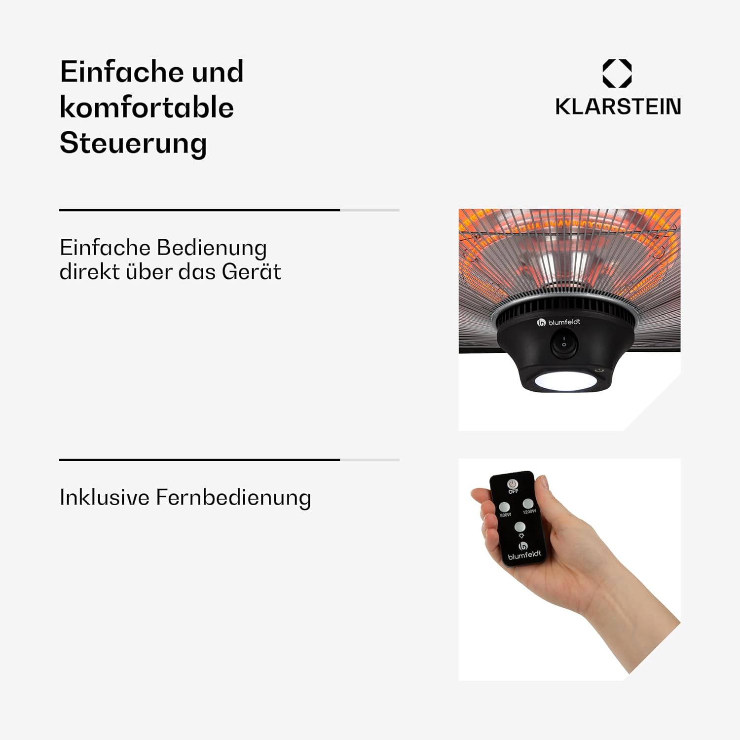 Blumfeldt Heizstrahler für die Terrasse, Infrarot Elektrisch, IP24 Infrarot für den Wintergarten & Aussenbereich, 2 Temperatur Terrassenheizstrahler mit Fernbedienung & LED