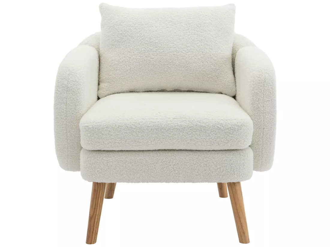 Fauteuil en tissu teddy avec coussin - pieds en bois massif - blanc