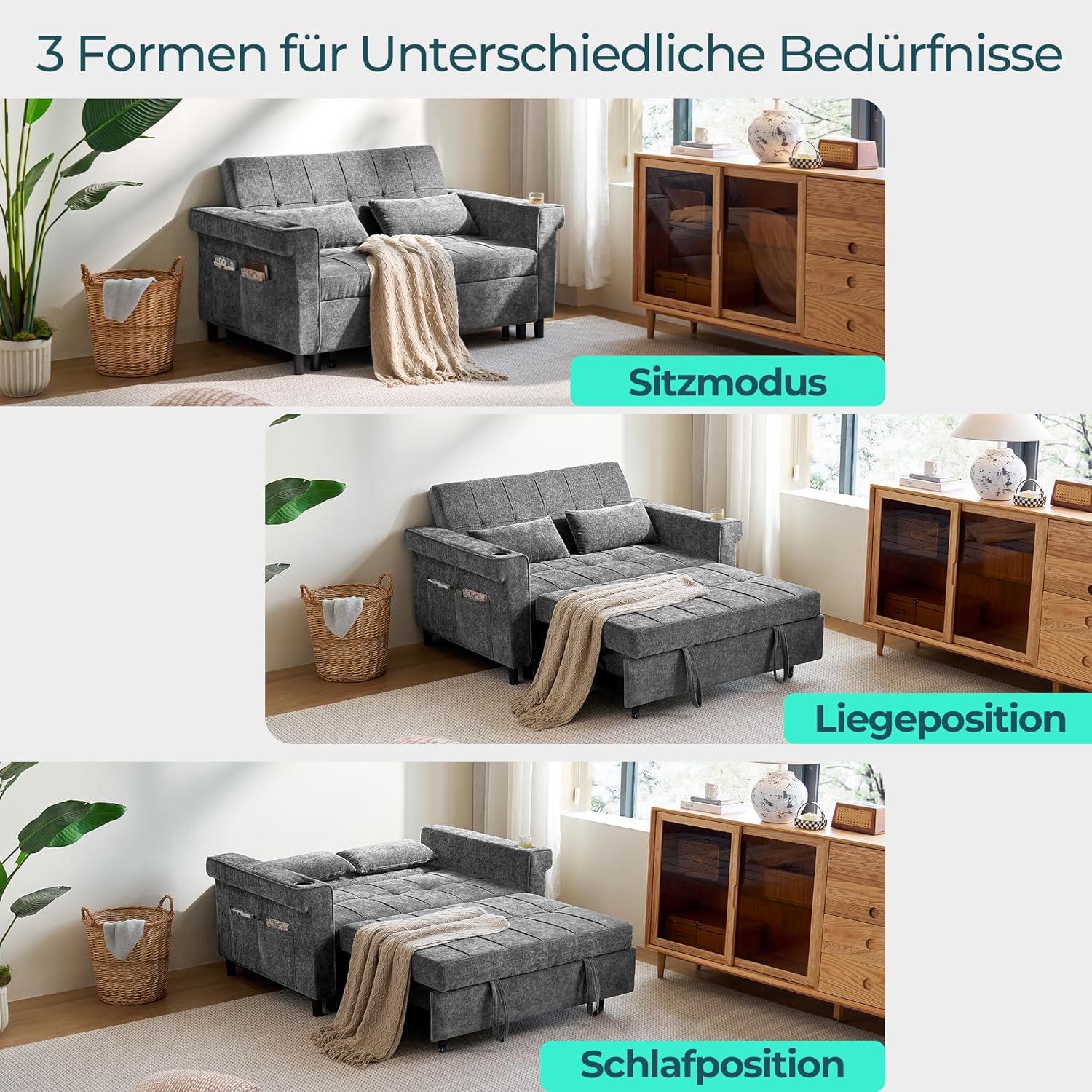 LINSY HOME 3-in-1 Schlafsofa, 2-Sitzer Sofa mit Schlaffunktion, Chenille Klappbares Schlafcouch mit Kissen, Seitentasche und Getränkehalter - Schlafbereich 120 x 190cm