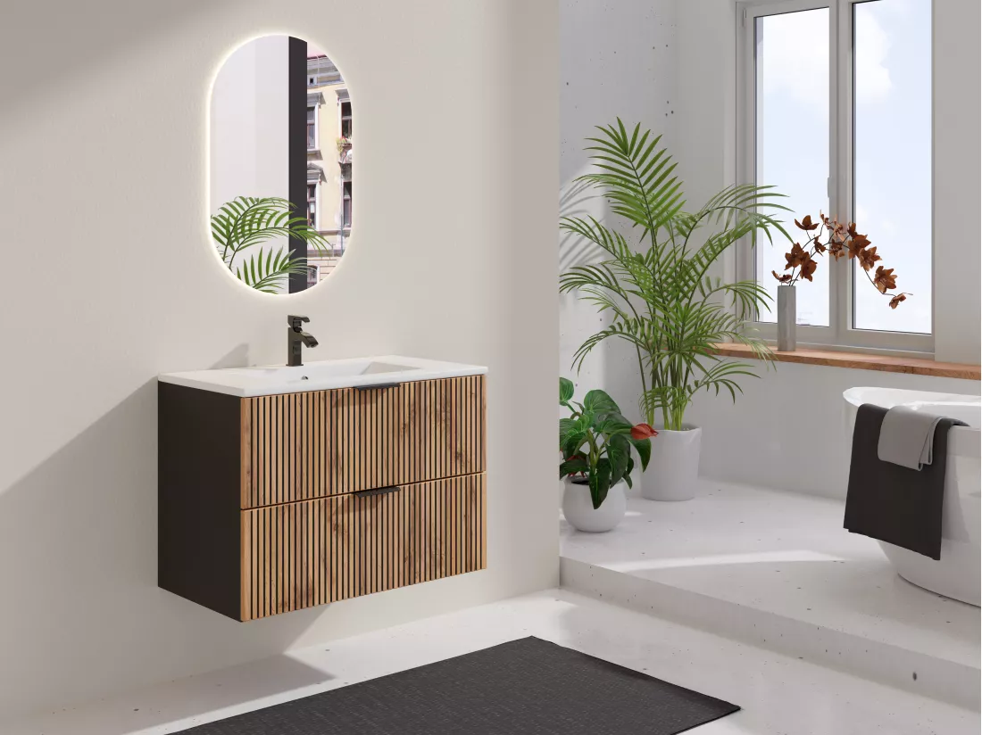 Meuble sous vasque suspendu strié - Naturel clair et noir - 80 cm - MADELA