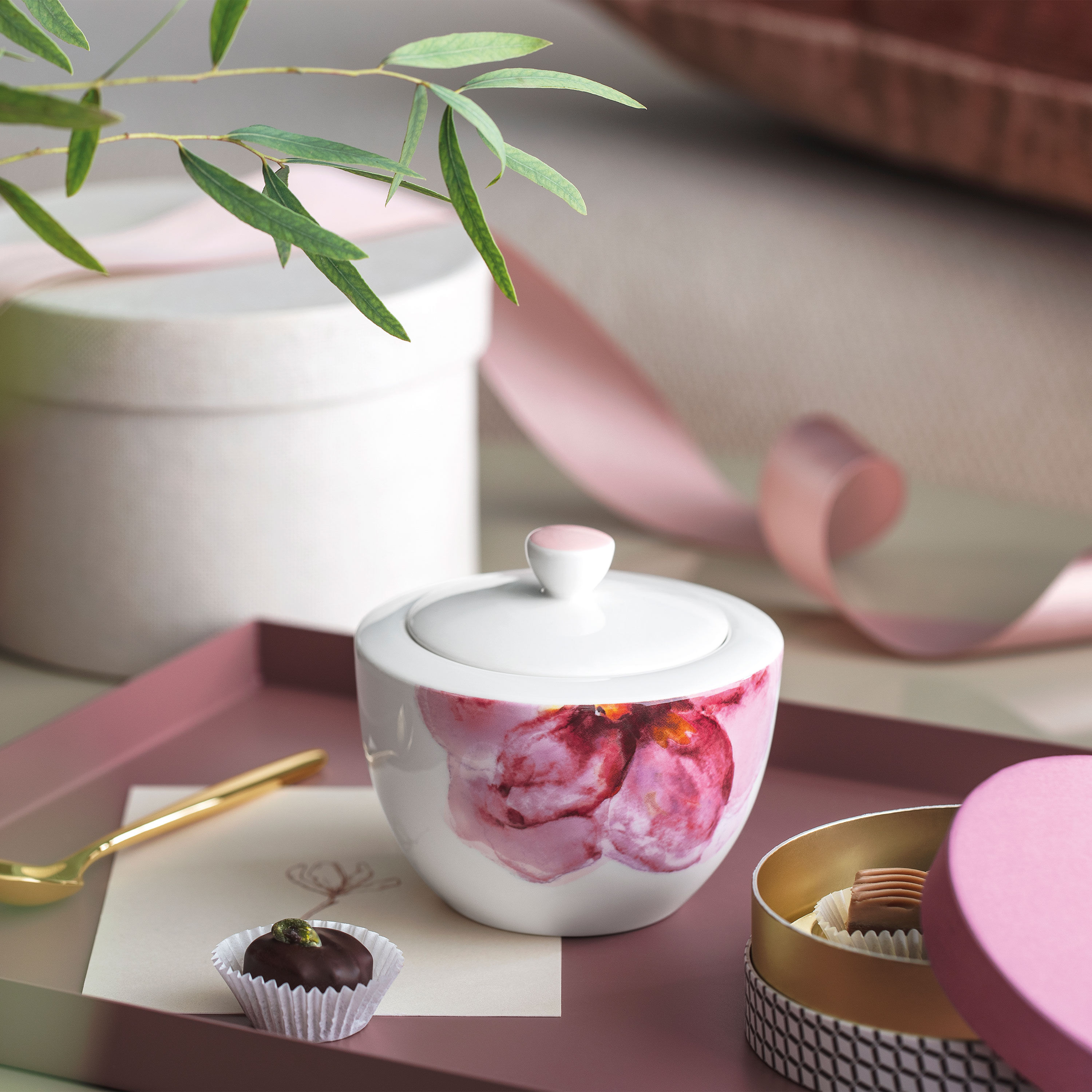Rose Garden Sugar bowl Pink, 9.2 oz, Premium Porcelain