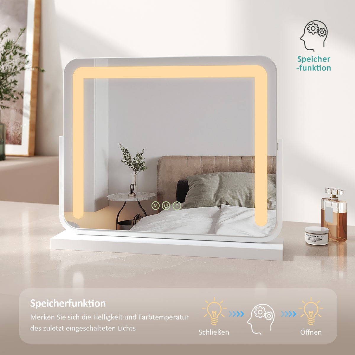 EMKE LED cosmeticaspiegel, vrijstaand model met touchschakelaar en geheugenfunctie, dimbare tafelspiegel 60x52cm, make-upspiegel 360° draaibaar, met 3 lichtkleuren, netvoeding, wit