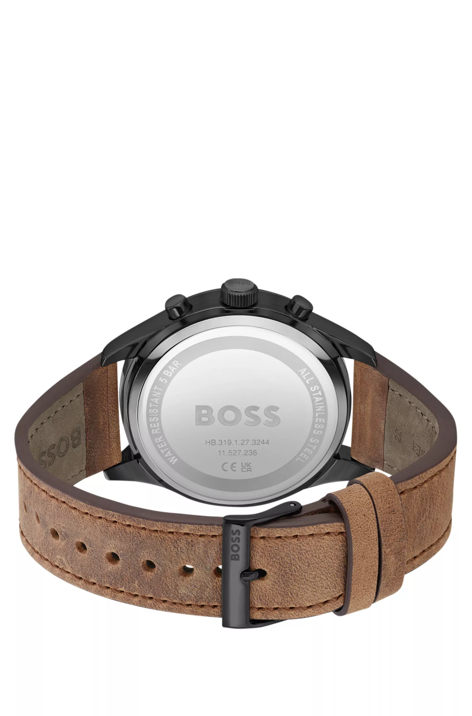 Relógio cronógrafo BOSS com pulseira de couro preta e mostrador bege.