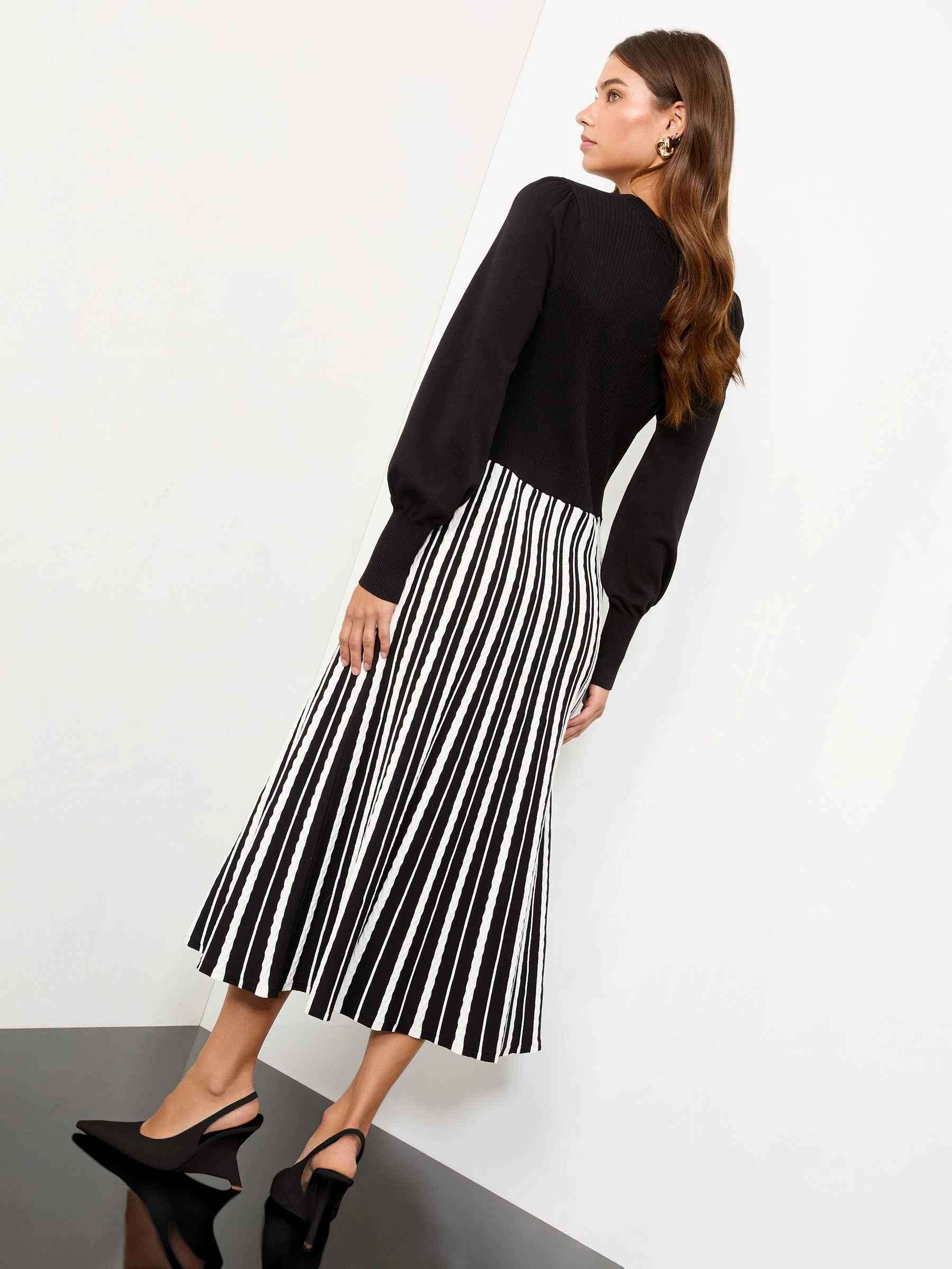 Lipsy Gold Snaffle Trim Crew Neck Long Sleeve Stripe Patterned Knitted Midi Dress