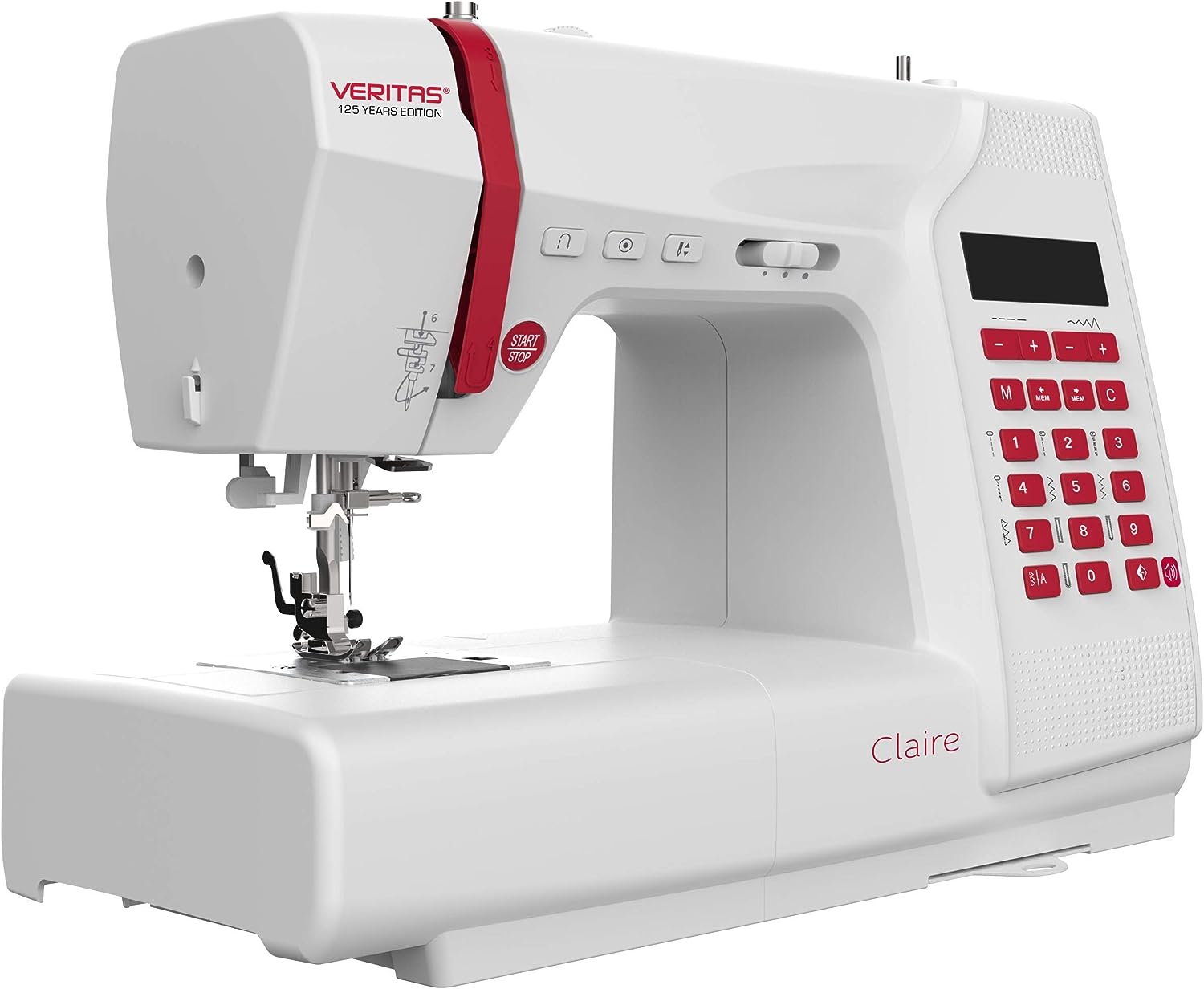 Máquina de Costura VERITAS Claire - 197 Programas de Pontos, Função de Memória, Visor LCD, Luz de Costura LED, com Alfabeto e Números - Edição Comemorativa de 125 Anos
