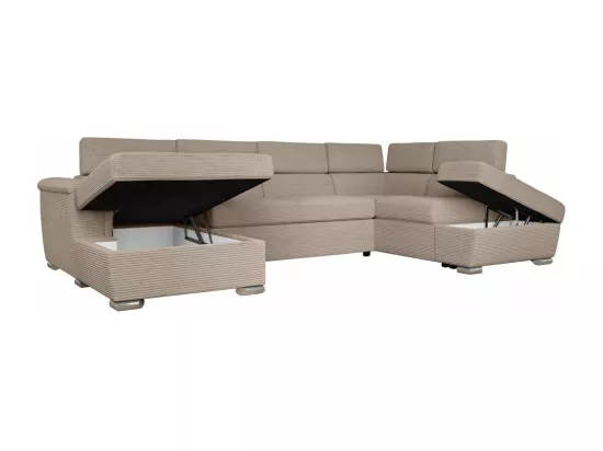 Canapé panoramique 6 places Paola convertible avec 2 coffres en velours côtelé - Taupe - L320,5 x P188 x H76cm - Loungitude