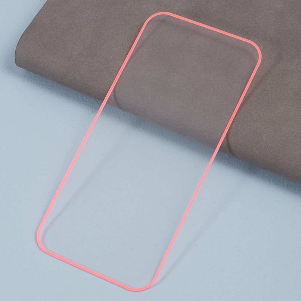 iPhone 14 Pro Full-Screen Vollbild Glas Fluoreszierender Display Schutz mit Leuchtendem Alu Rahmen - Pink / Transparent