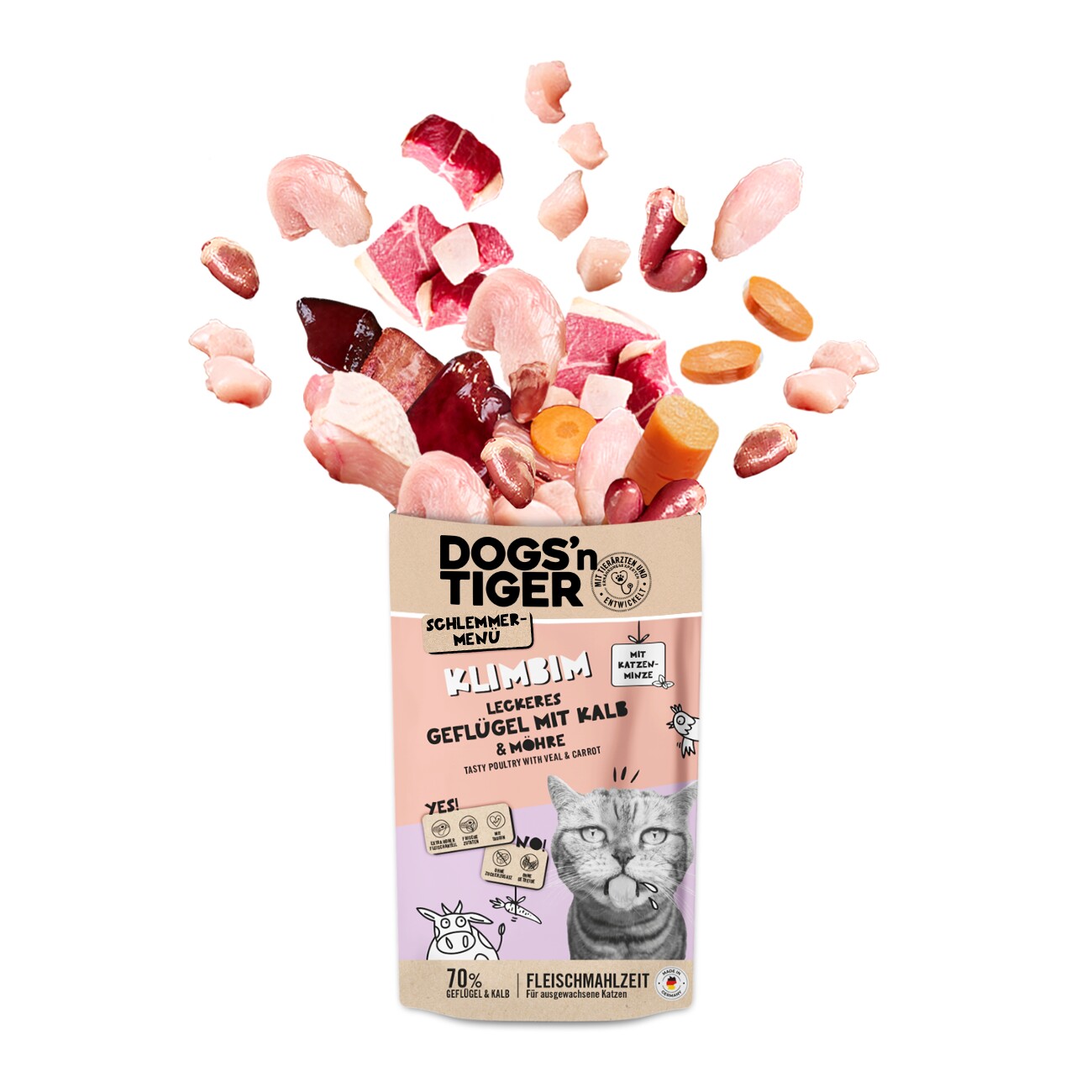 Dogs'n Tiger Adult Nassfutter Katze, Klimbim, Geflügel, Kalb & Möhre, 12x 125g