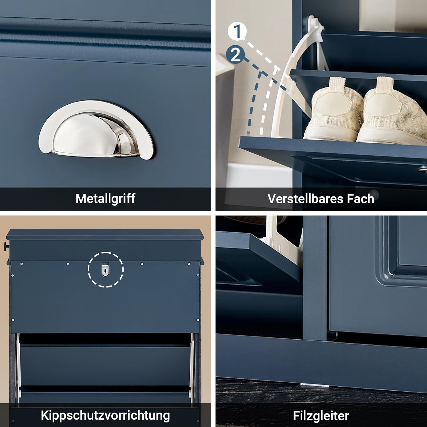SoBuy Schuhschrank mit Schublade und Haken- Schuhregal Schuhkipper Schmal – 3 Klappen für bis zu 12 Paar Schuhe – Ideal für Flur & kleine Räume – MDF(E1), Blau, 53x24x118cm – FSR94-B